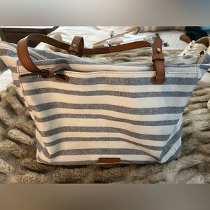 Fossil bag purse handbag tote white blue stripes summer zip top